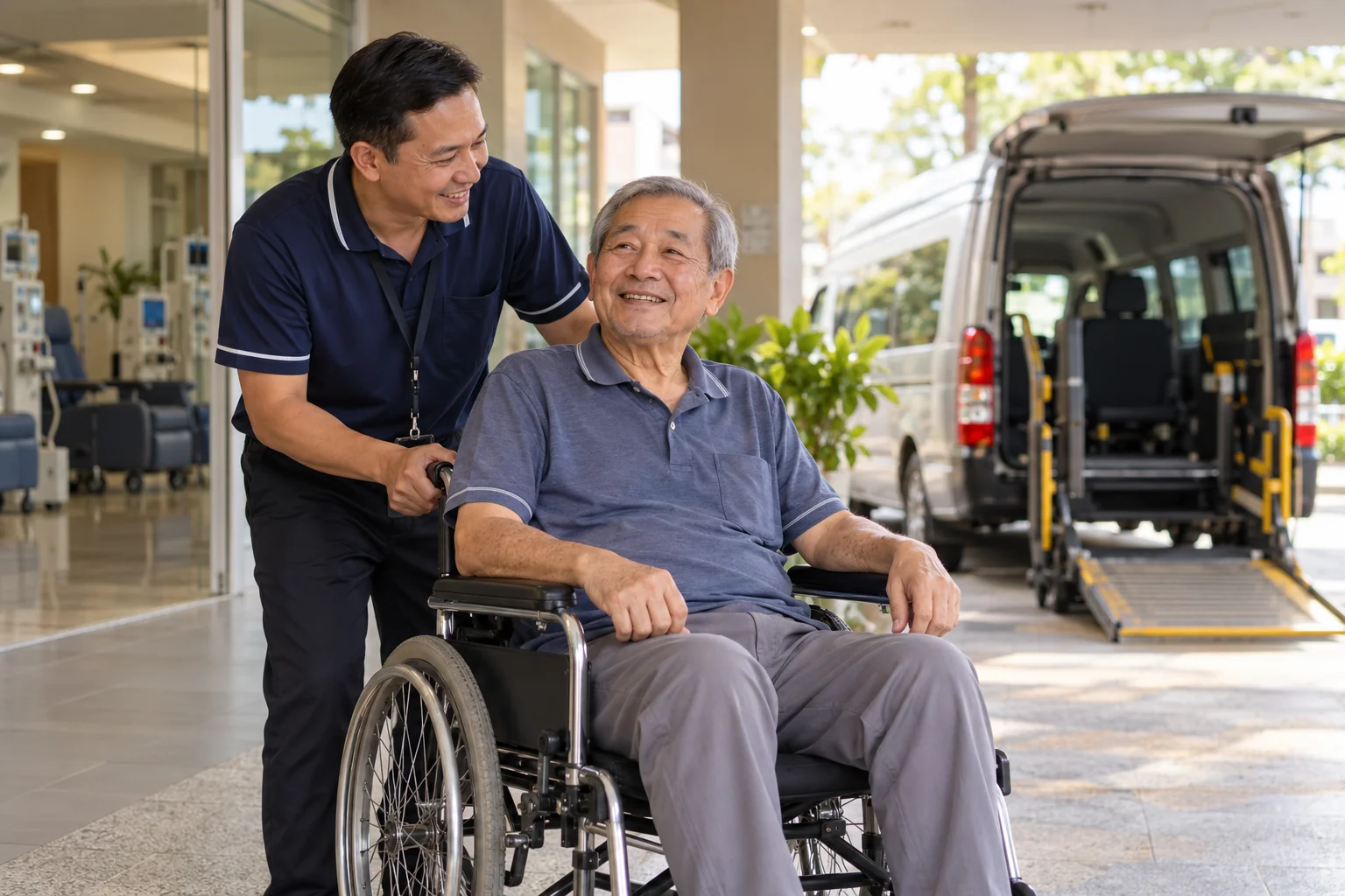 Wheelchair passenger and transport assistant at a dialysis centre