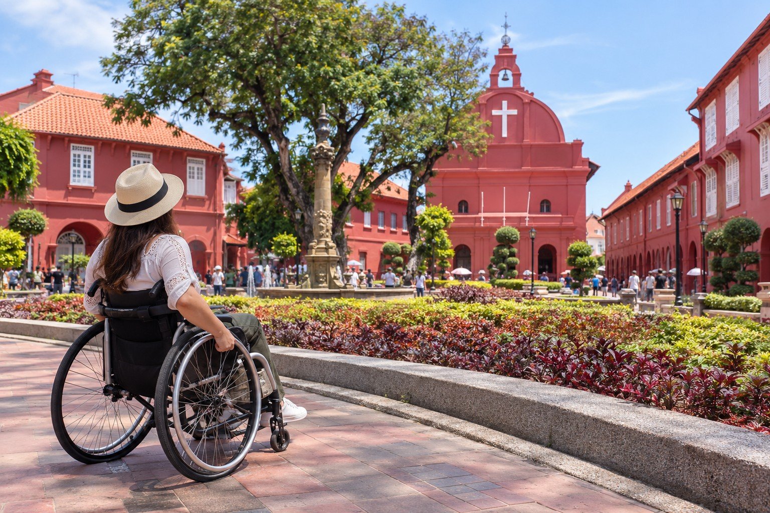 Wheelchair tourist at Dutch Square, Melaka