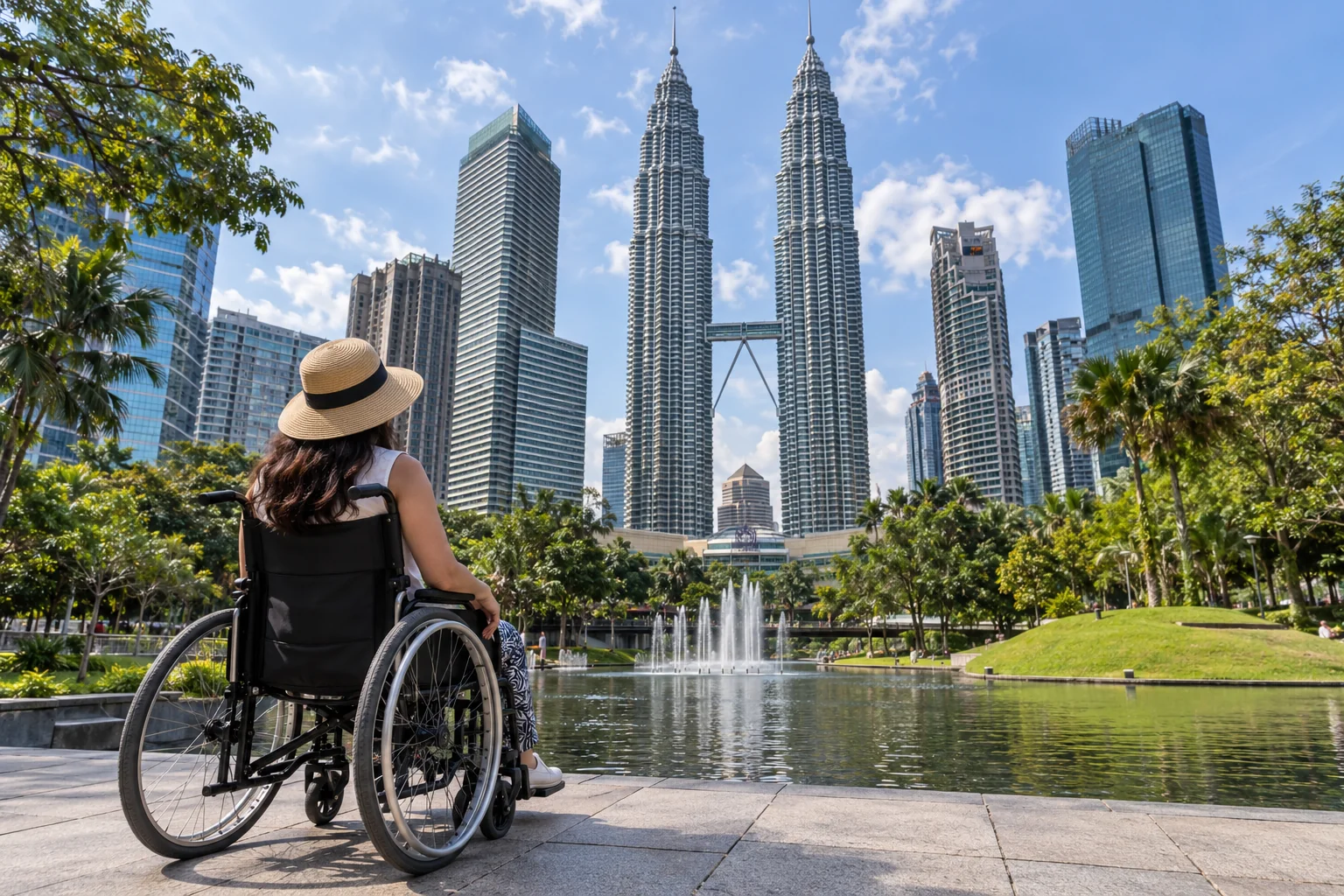 Wheelchair tourist enjoying the Petronas Twin Towers view