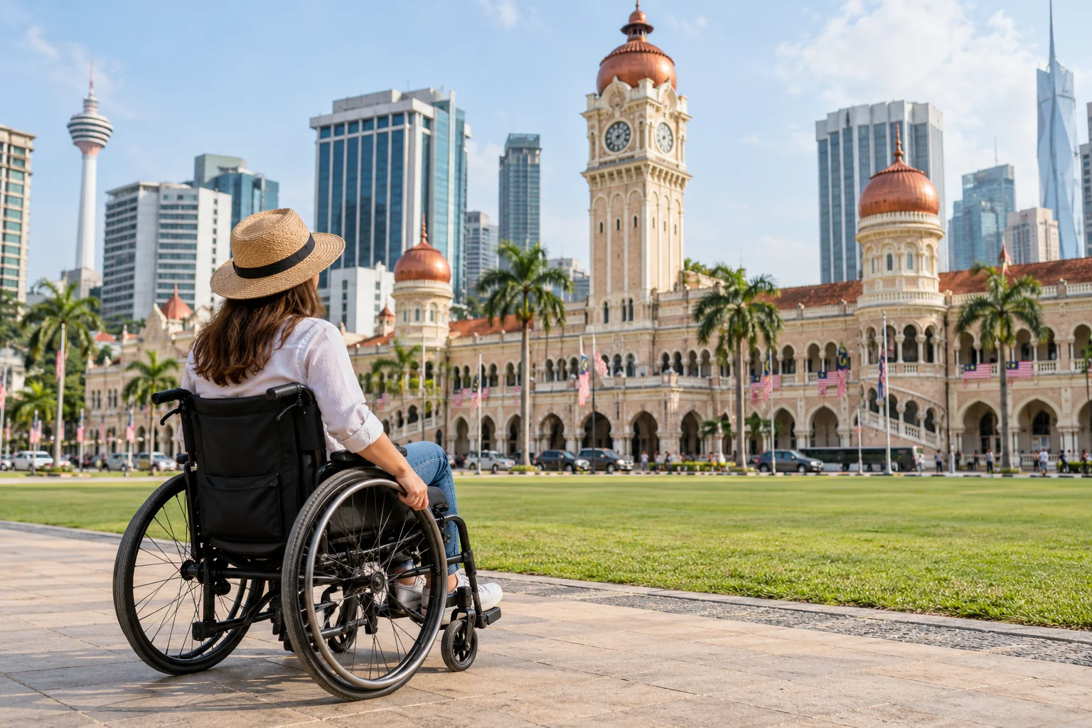 Wheelchair tourist at Merdeka Square, Kuala Lumpur