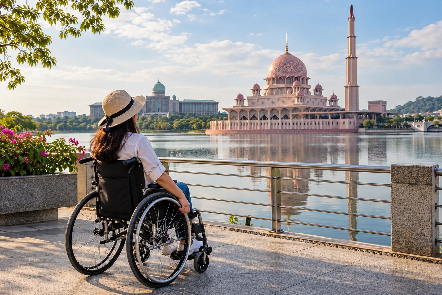 Wheelchair tourist at Putra Mosque, Putrajaya