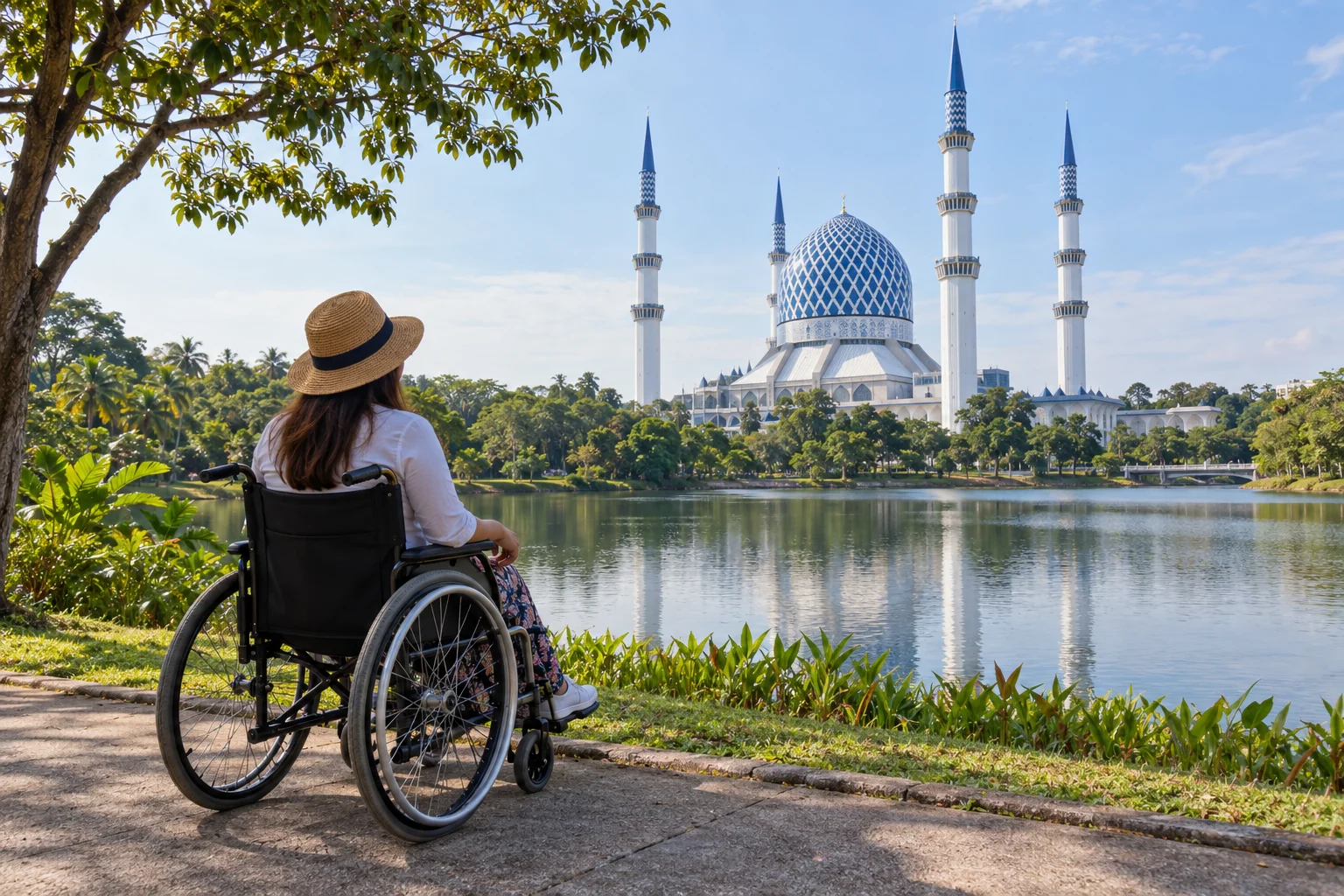 Wheelchair tourist at Blue Mosque, Shah Alam